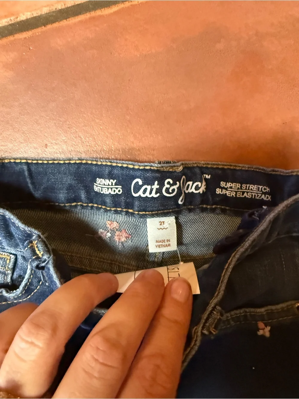 Cat & Jack Blue Denim Jeans with Pink Floral Embroidery